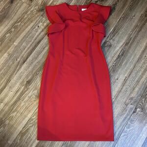 Calvin Klein Womens Ruffle Sleeve Sheath Dress 8 Red Ruffle Sleeves Holiday $134